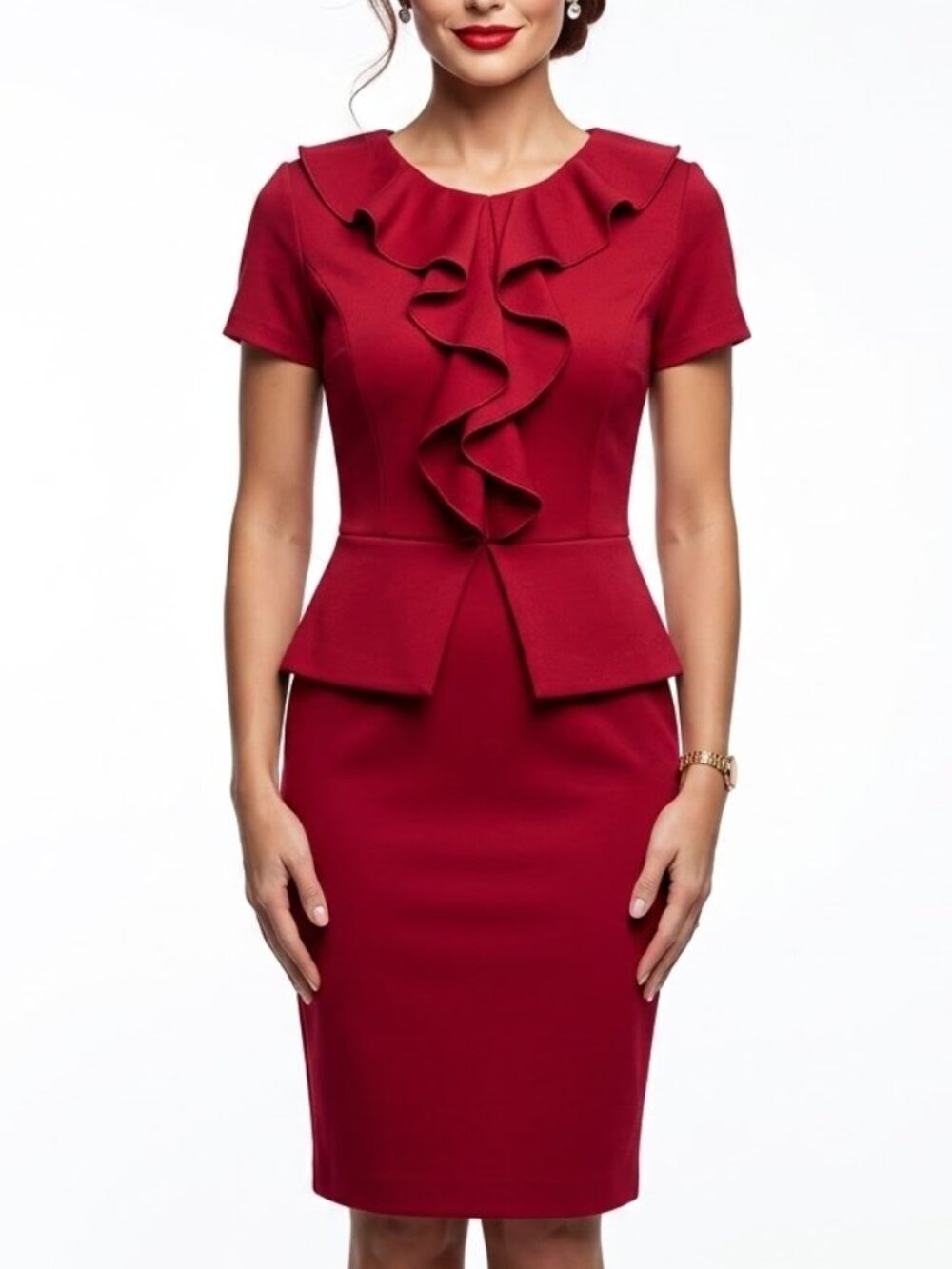 REPHYLLIS Corporate Goth Ruffle Peplum Dress Coquette Office Siren Red Pink M